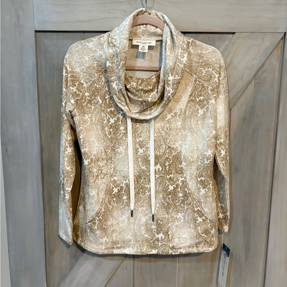 Tan and Cream Cowl Neck Long Sleeve Top